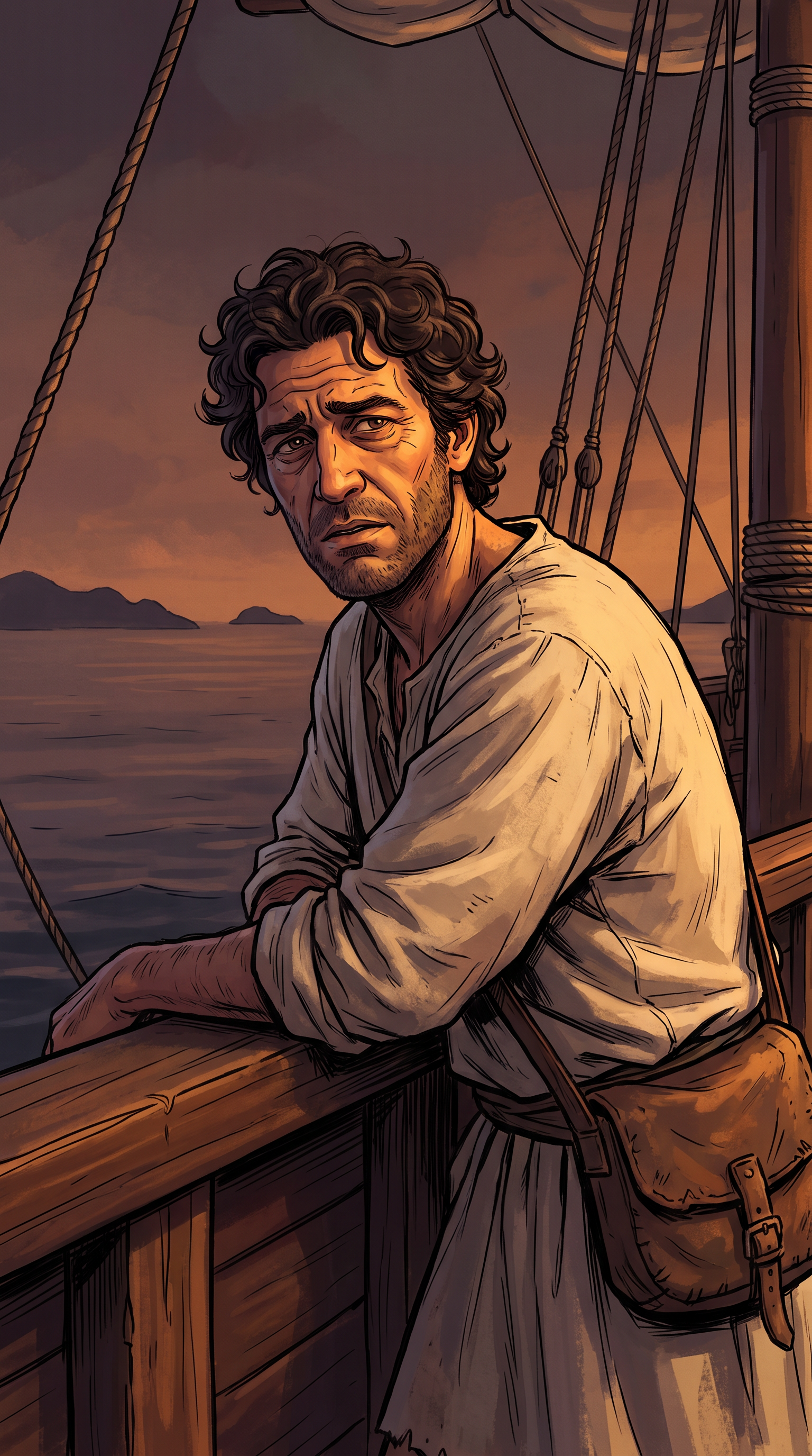 Odysseus leaning on the rail of his ship at dusk