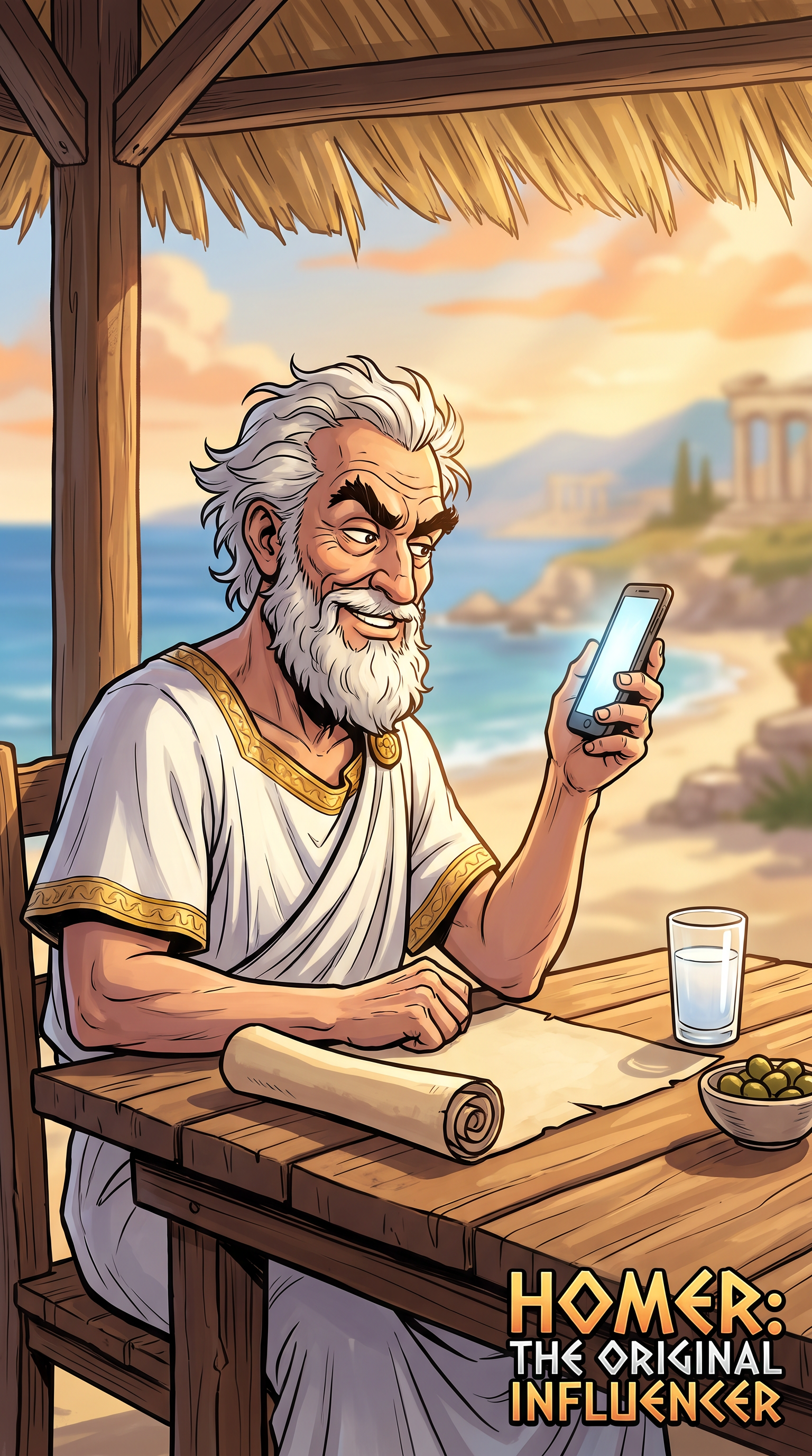 Homer, grinning at his phone in a beach taverna